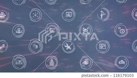 Image of multiple icons in circles moving against illuminated lines 116179103
