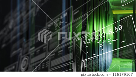 Image of interface with data processing against computer server room 116179107