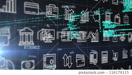Image of multiple digital icons over data processing against light spot on blue background Image of multiple digital icons over data processing against light spot on blue background 116179115