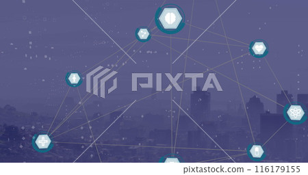 Image of network of digital icons and dots pattern against aerial view of cityscape 116179155