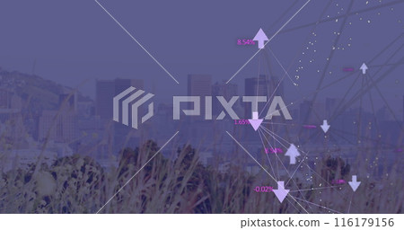 Image of globe of digital icons and dots pattern against view of cityscape Image of globe of digital icons and dots pattern against view of cityscape 116179156