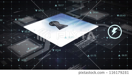 Image of digital icons and data processing over security padlock icon against grey background 116179281