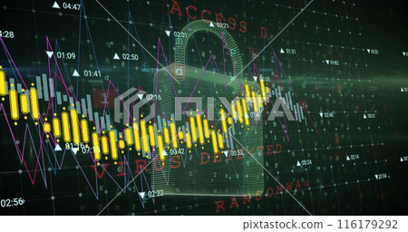 Image of data processing over security padlock icon against green background Image of data processing over security padlock icon against green background 116179292