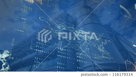 Image of interface with data processing over world map against low angle view of tall building Image of interface with data processing over world map against low angle view of tall building 116179314