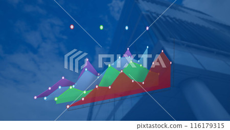 Image of financial data processing over modern building 116179315