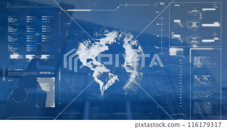 Image of interface with data processing over globe against low angle view of tall building 116179317