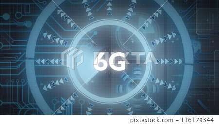Image of 6g text over round scanner and microprocessor connections against blue background Image of 6g text over round scanner and microprocessor connections against blue background 116179344