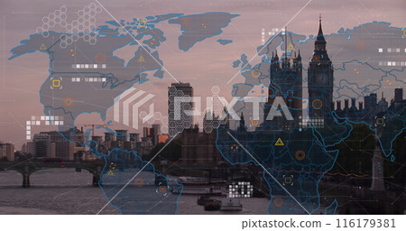 Image of world map and data processing over london cityscape 116179381