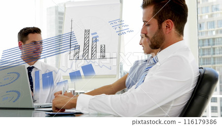 Image of statistical data processing over diverse businesspeople discussing at office Image of statistical data processing over diverse businesspeople discussing at office 116179386