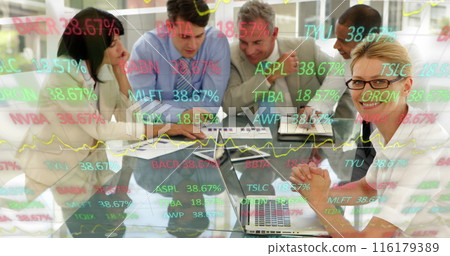 Image of trading board over diverse coworkers discussing reports in meeting at office 116179389
