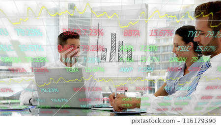 Image of trading board and graphs over diverse coworkers discussing reports in office Image of trading board and graphs over diverse coworkers discussing reports in office 116179390