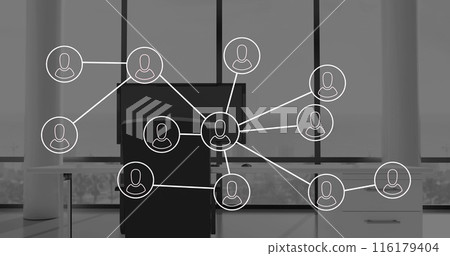 Image of network of connections with icons over office desk with computer Image of network of connections with icons over office desk with computer 116179404