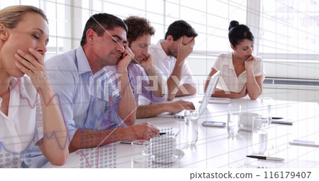 Image of statistical data processing over diverse colleagues stressed in meeting room at office Image of statistical data processing over diverse colleagues stressed in meeting room at office 116179407