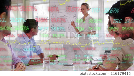 Image of stock market data processing over caucasian woman giving a presentation at office 116179415