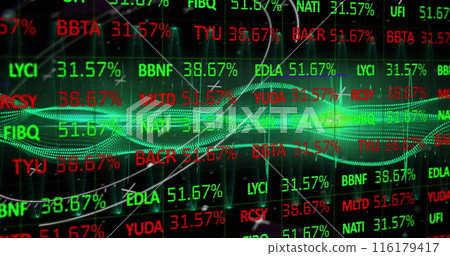 Image of stock market data processing and green digital wave against black background 116179417