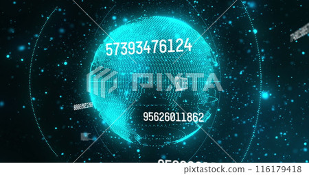 Image of numbers and connections and globe on black background Image of numbers and connections and globe on black background 116179418