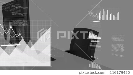 Image of screens with data processing against office desk Image of screens with data processing against office desk 116179430