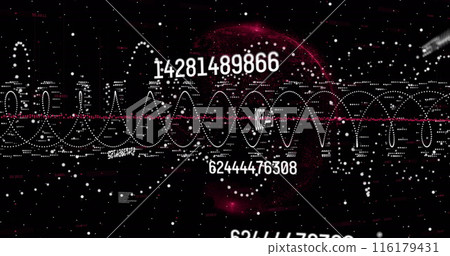 Image of changing numbers and dots forming dna helix over globe on black background 116179431