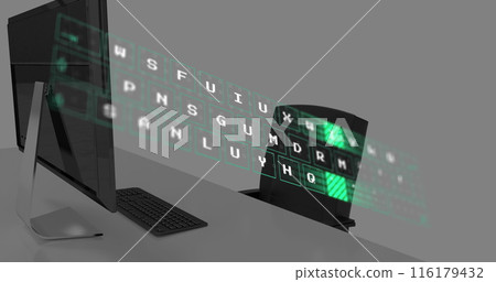 Image of digital keyboard over office desk with computer Image of digital keyboard over office desk with computer 116179432