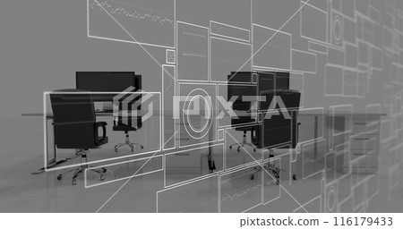 Image of interface with data processing against empty office 116179433