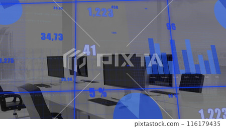 Image of statistical data processing over grid network against empty office Image of statistical data processing over grid network against empty office 116179435