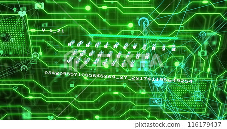 Image of globes of digital icons, data processing and green glowing microprocessor connections 116179437
