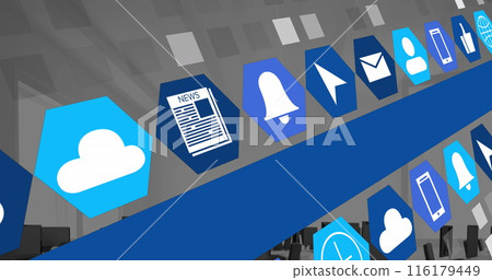 Image of social media icons over office desks with computers Image of social media icons over office desks with computers 116179449