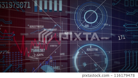 Image of interface with changing numbers, data processing and microprocessor connections 116179478