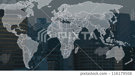 Image of world map and data processing against aerial view of cityscape 116179508