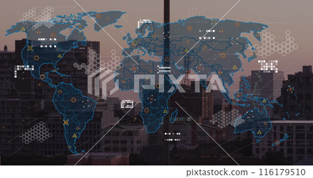 Image of world map and data processing against aerial view of cityscape 116179510