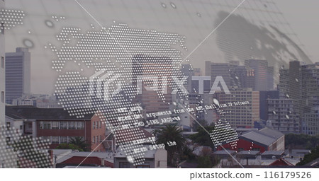 Image of data processing and world map over cityscape 116179526