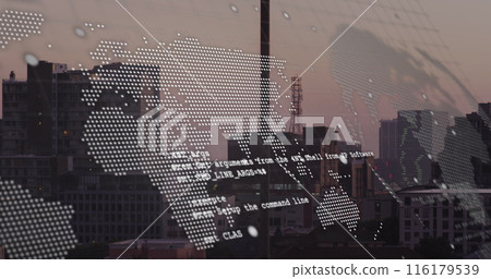 Image of data processing, world map and spinning globe against aerial view of cityscape Image of data processing, world map and spinning globe against aerial view of cityscape 116179539