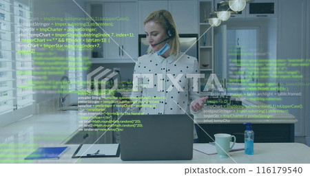 Image of data processing over caucasian woman using laptop and smartphone Image of data processing over caucasian woman using laptop and smartphone 116179540