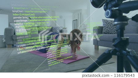 Image of data processing over caucasian woman making image and exercising Image of data processing over caucasian woman making image and exercising 116179543