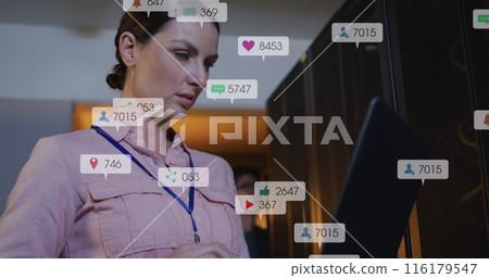Image of social media icons over caucasian female engineer using laptop at server room 116179547