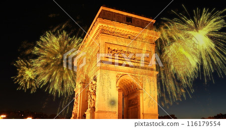 Image of fireworks over lighted landmark in france 116179554