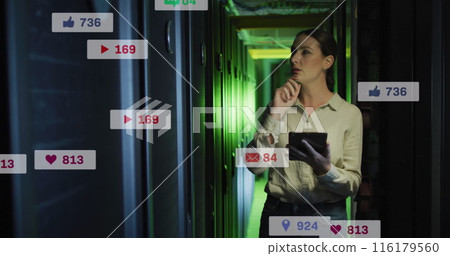 The caucasian female it technician is using a tablet to check the computer server 116179560