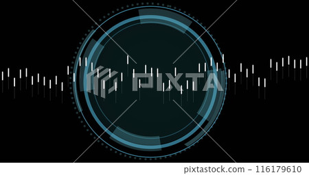 Image of data processing and security shield icon over spinning round scanner Image of data processing and security shield icon over spinning round scanner 116179610