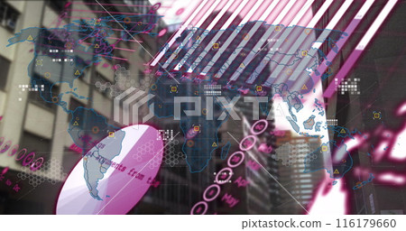 Image of financial data processing over cityscape 116179660