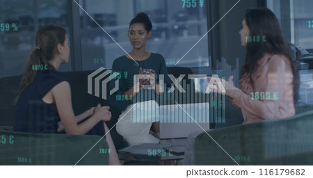 Image of statistical data processing over three diverse women discussing together at office Image of statistical data processing over three diverse women discussing together at office 116179682