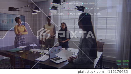 Image of statistical, stock market data processing over four diverse women discussing at office Image of statistical, stock market data processing over four diverse women discussing at office 116179683