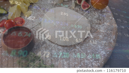 Image of changing numbers and graphs over pizza dough with sauce, vegetables on table Image of changing numbers and graphs over pizza dough with sauce, vegetables on table 116179710