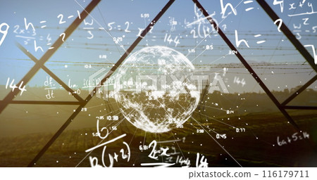 Image of mathematical equation over numbers around globe against abstract background 116179711