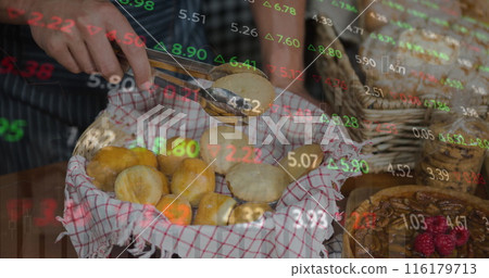 Image of changing numbers and graphs over midsection of caucasian man with small breads Image of changing numbers and graphs over midsection of caucasian man with small breads 116179713
