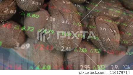 Image of changing numbers and multiple graphs over coconuts for sale at market Image of changing numbers and multiple graphs over coconuts for sale at market 116179714