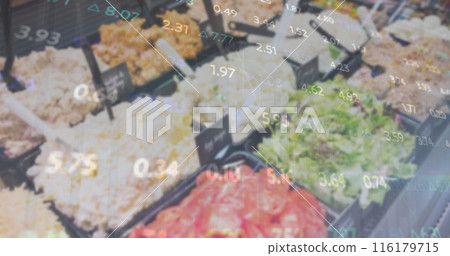 Image of graphs with numbers over various food arranged in buffet at restaurant Image of graphs with numbers over various food arranged in buffet at restaurant 116179715