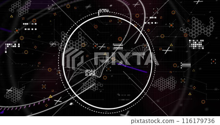 Image of dna structure over round scanner against purple spots on black background 116179736