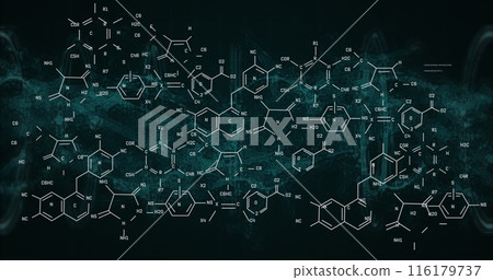 Image of chemical structures over blue digital wave against black background 116179737