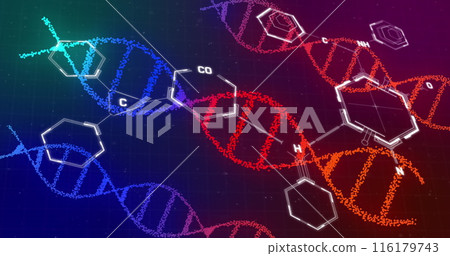 Image of dna and chemical structures against purple gradient background Image of dna and chemical structures against purple gradient background 116179743