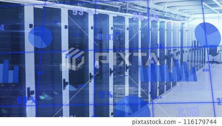 Image of statistical data processing and light spots against computer server room 116179744